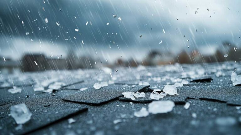 Workers removing old shingles and roofing material from a residential house with a dumpster nearby