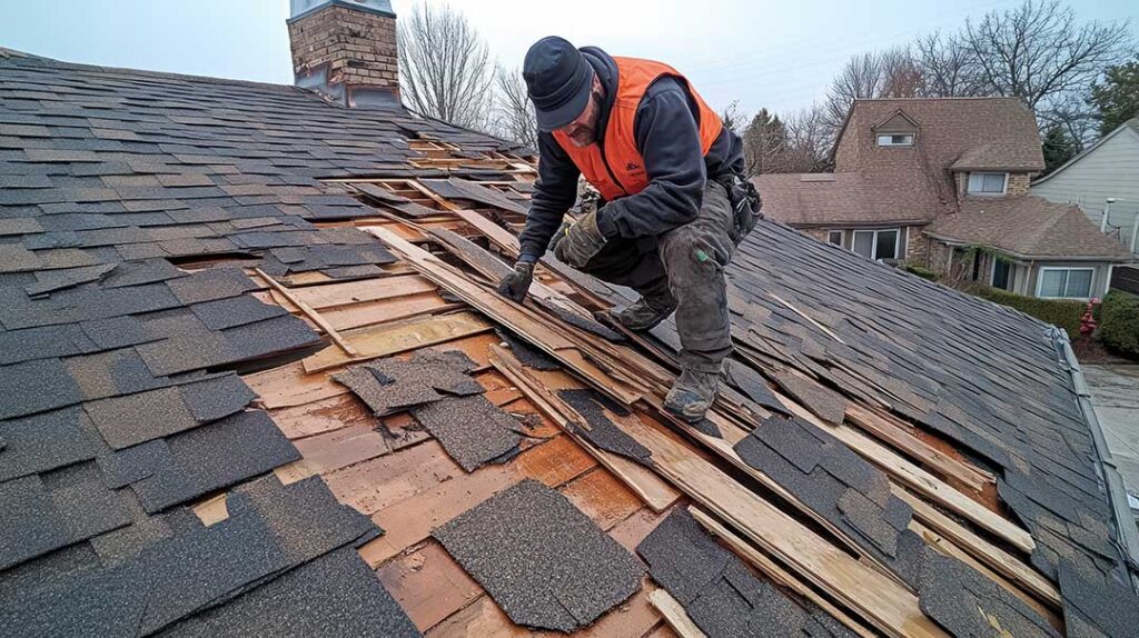 A worker carefully laying protective plywood sheets on a residential roof during home renovations.