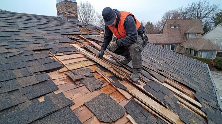 A worker carefully laying protective plywood sheets on a residential roof during home renovations.