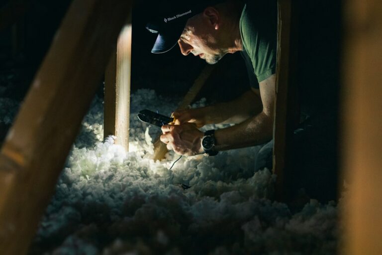 A homeowner checks roof shingles and gutters from the ground beside a two-story house.